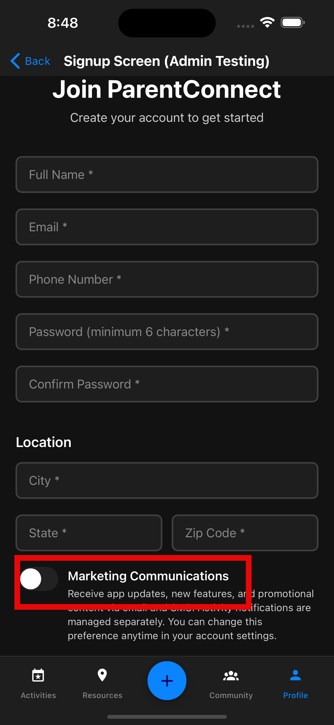 Signup screen showing SMS opt-in checkbox