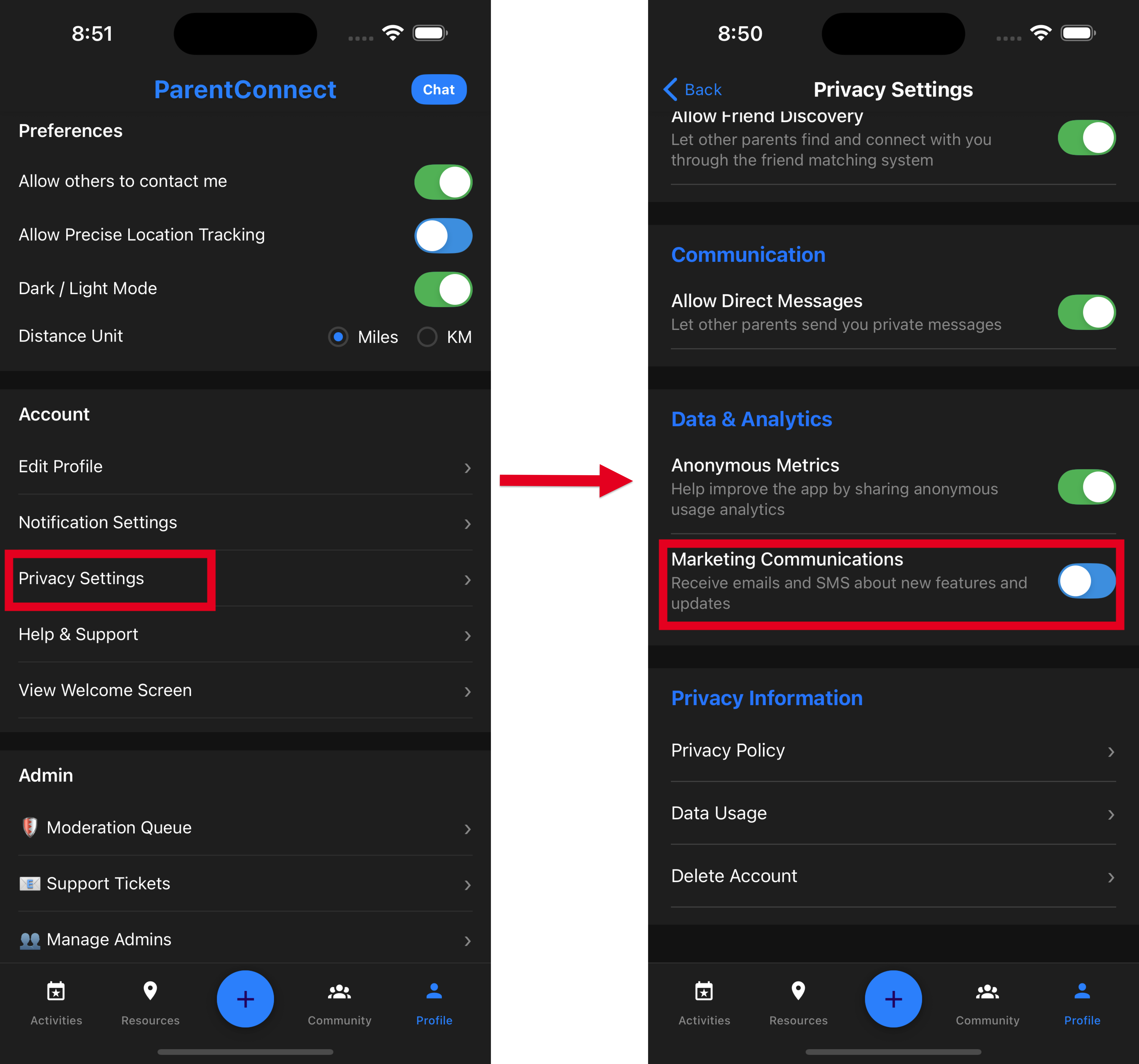 Profile screen showing Privacy Settings option