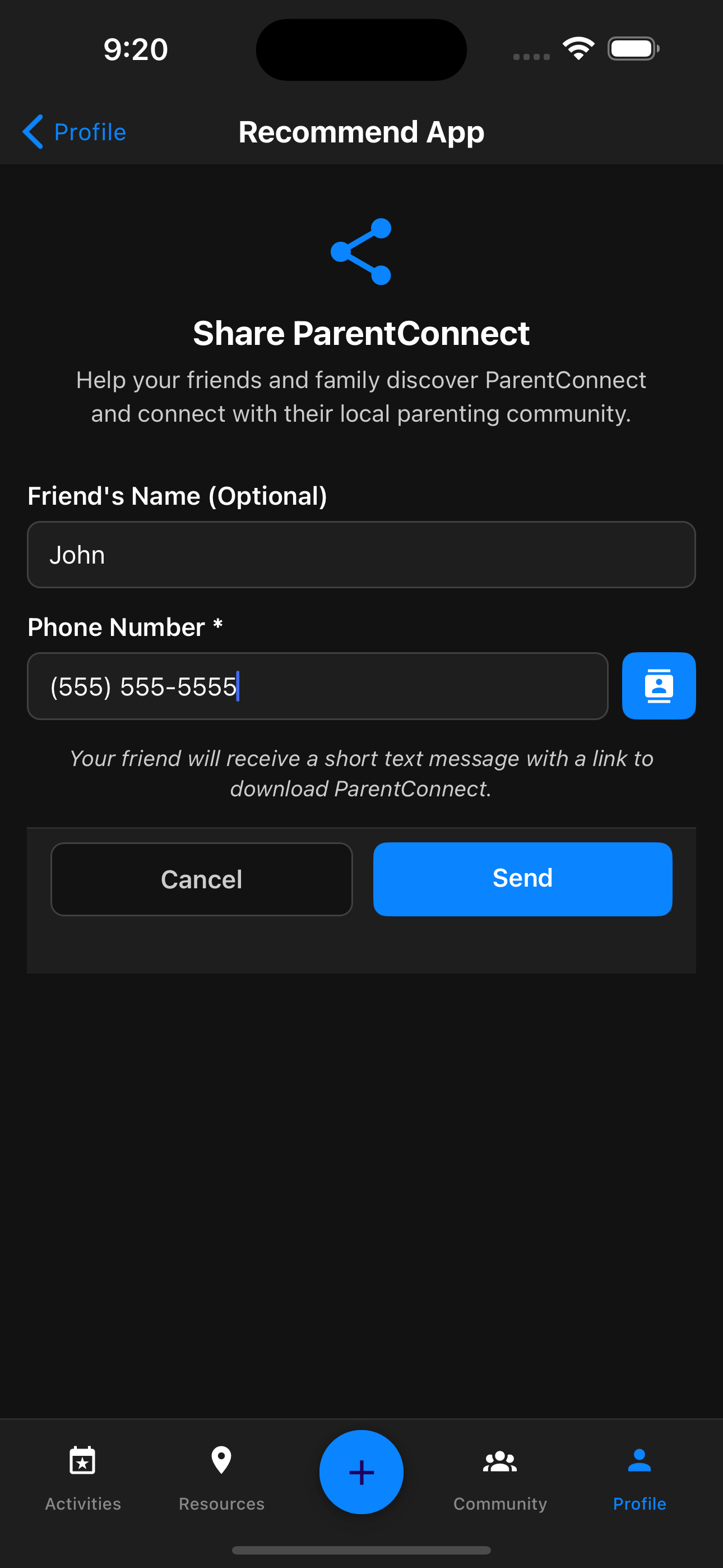 Recommend app screen showing friend referral interface